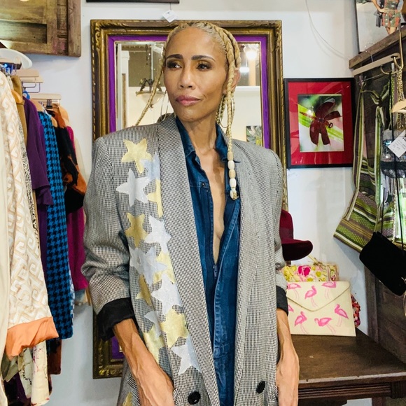 Vintage Jackets & Blazers - OOAK hand painted vintage houndstooth check blazer jacket pockets S M L stars